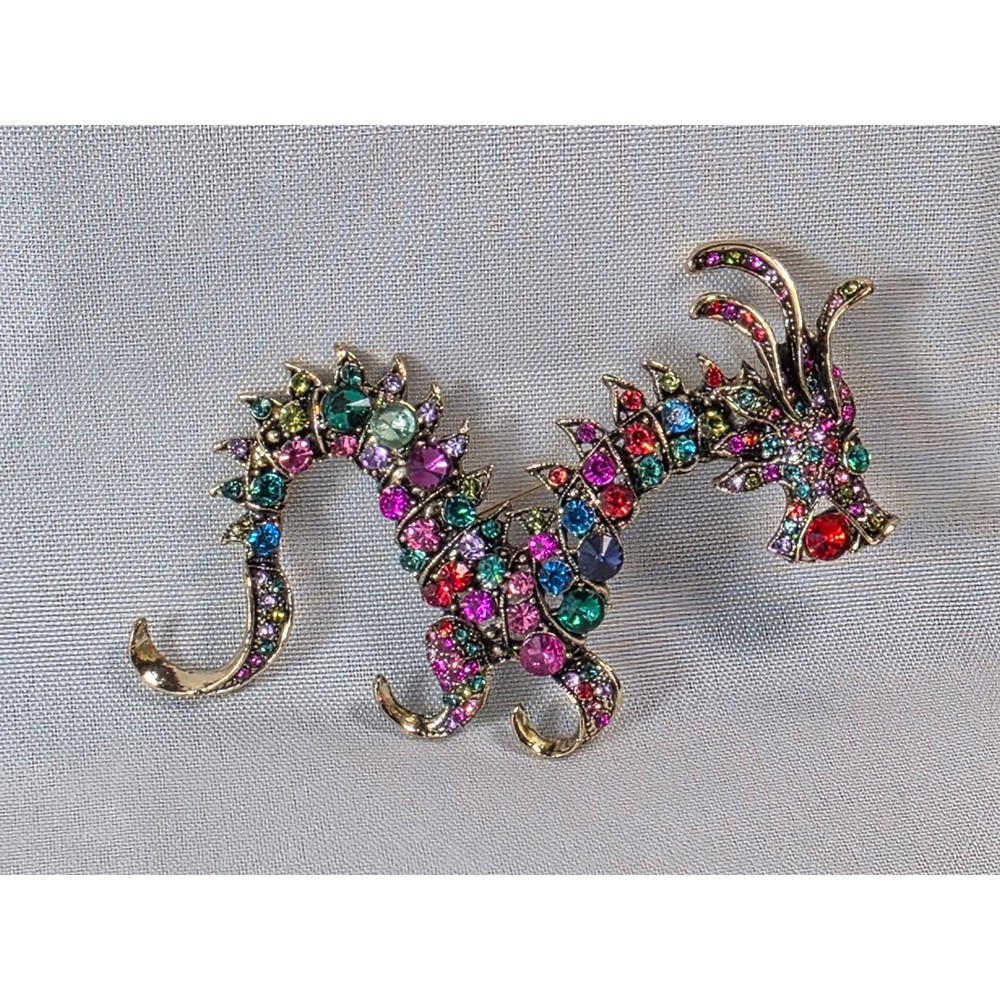 Multicolor Rhinestone Dragon Brooch Antique Gold Tone Crystal Mythical Pin 4 In